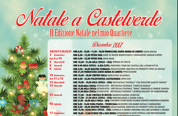 Scopri di più sull'articolo Eventi per sabato 9 Dicembre e Domenica 10 Dicembre “Un Natale nel mio Quartiere” Castelverde